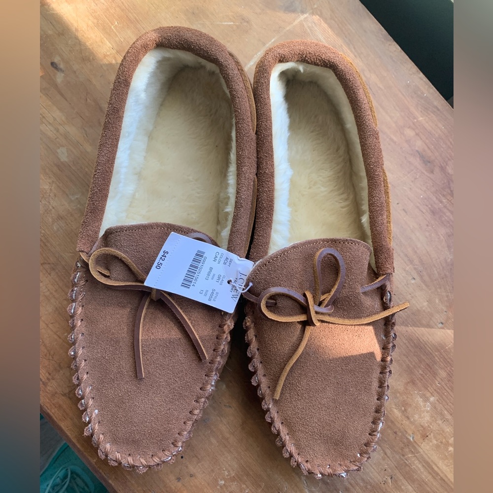 Never worn jcrew factory slippers men’s size 13. Color Caramel